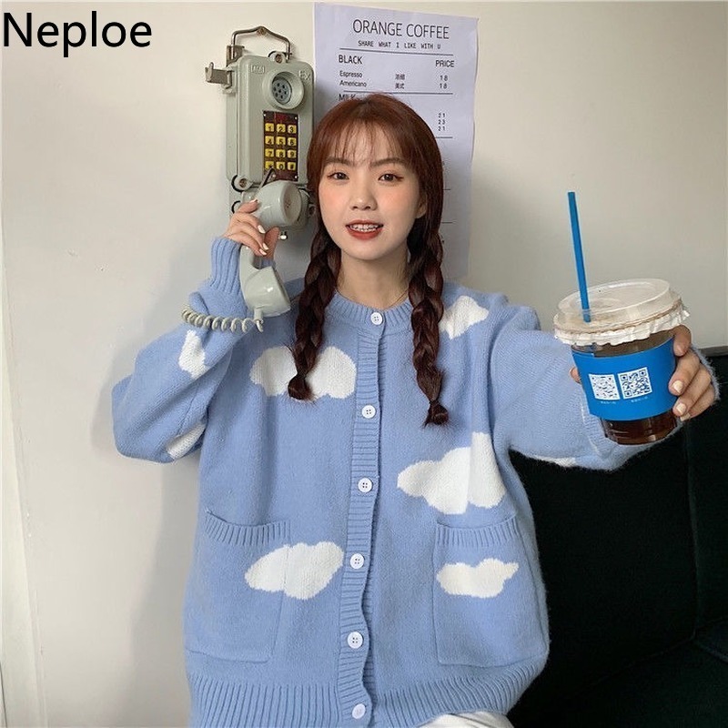 Neploe Korean Sweet Cardigan Fall Women Clothes Knitted Sweaters Cute Sweater O-neck Loose Oversized Outwear Sueter Coats 210422