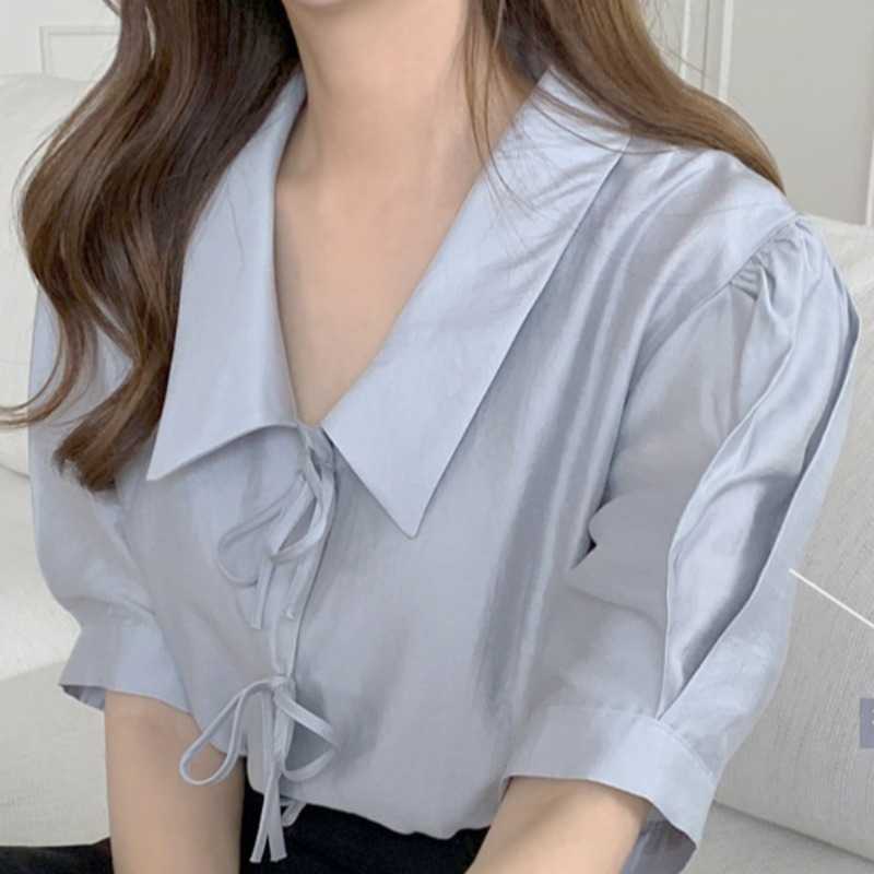 Korean Sweet Bow Tie Blouse Women Puff Sleeve Turn-down Collar Shirt Summer Fashion Blusas Mujer De Moda 6J464 210603