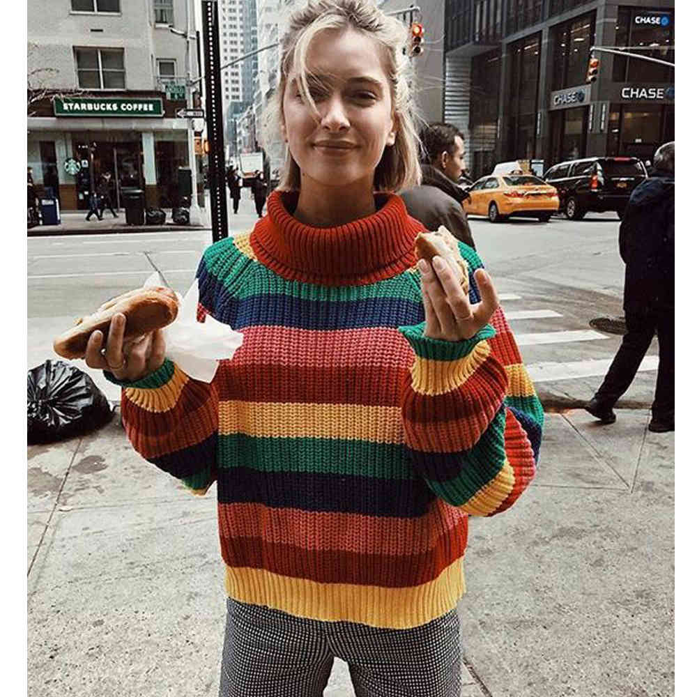 Rainbow Turtleneck Sweaters Women Winter Jumpers Knitted Clothes Fashion Striped Oversized Pullover Female 210428