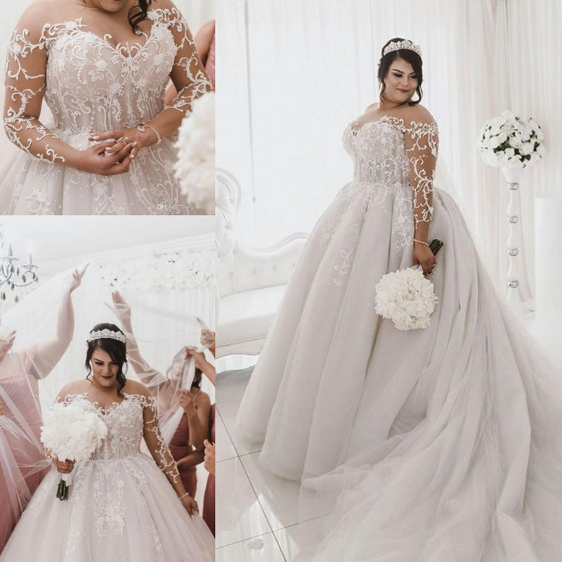 Plus Size Princess Wedding Dresses 2022 Modern Sheer Neck Long Sleeve Lace Applique Pearls Wedding Gown vestido de novia