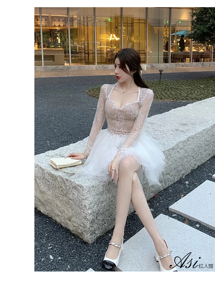 New design womens sexy eyelash lace v-neck padded long sleeve shirt and elastic waist layered ball gown gauze skirt dress suit twinset