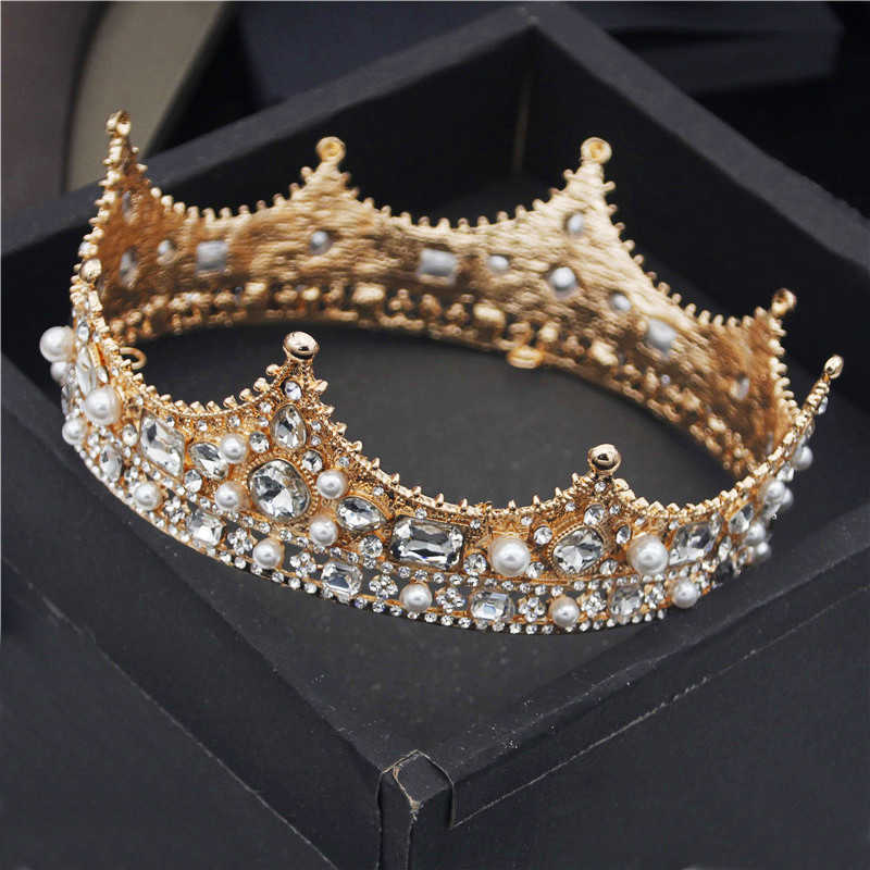 Baroque Royal King Diadem Men Crystal Pearls Metal Tiaras Wedding Crown Hair Jewelry Big Head Ornaments Prom Party Accessories 211006