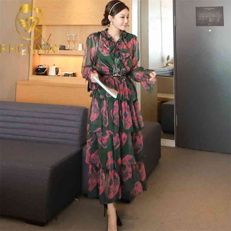 Summer Korean Long Dresses Ruffled Chiffon Print Cake Dress Lady Evening Party Sexy Beach Holiday Vestidos 210506