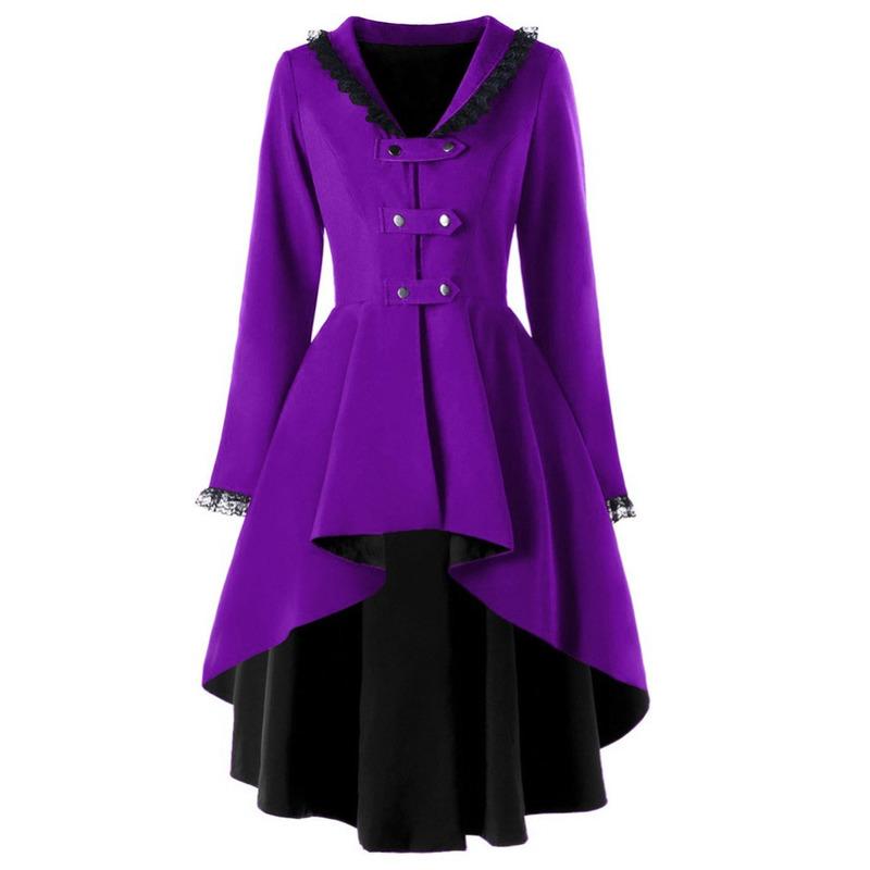 Women's Trench Coats Asymmetrical Lace Dress Bandage Gothic Vintage Mid-long Coat Women Black Belt Cloak Windbreaker Female Abrigos Patchwor