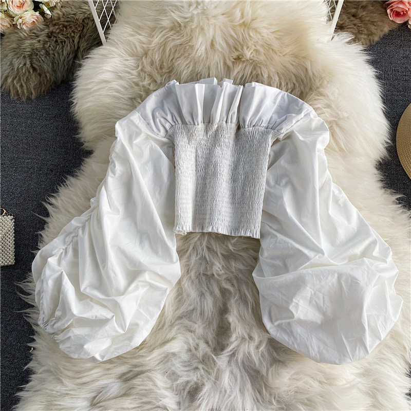 Nomikuma Ruffle Off Shoulder Sexy Strapless Blouse Puff Long Sleeve Women Top Korean Stretch Slim Waist Short Blusas Mujer 6D472 210427