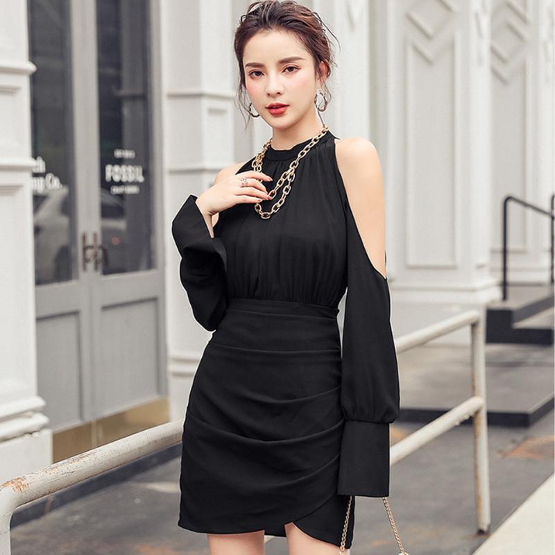 Casual Dresses Black Elegant Party Dress 2021 Spring Stand-Neck Strapless Flare Sleeve High Waist Mini Side Pleated Street