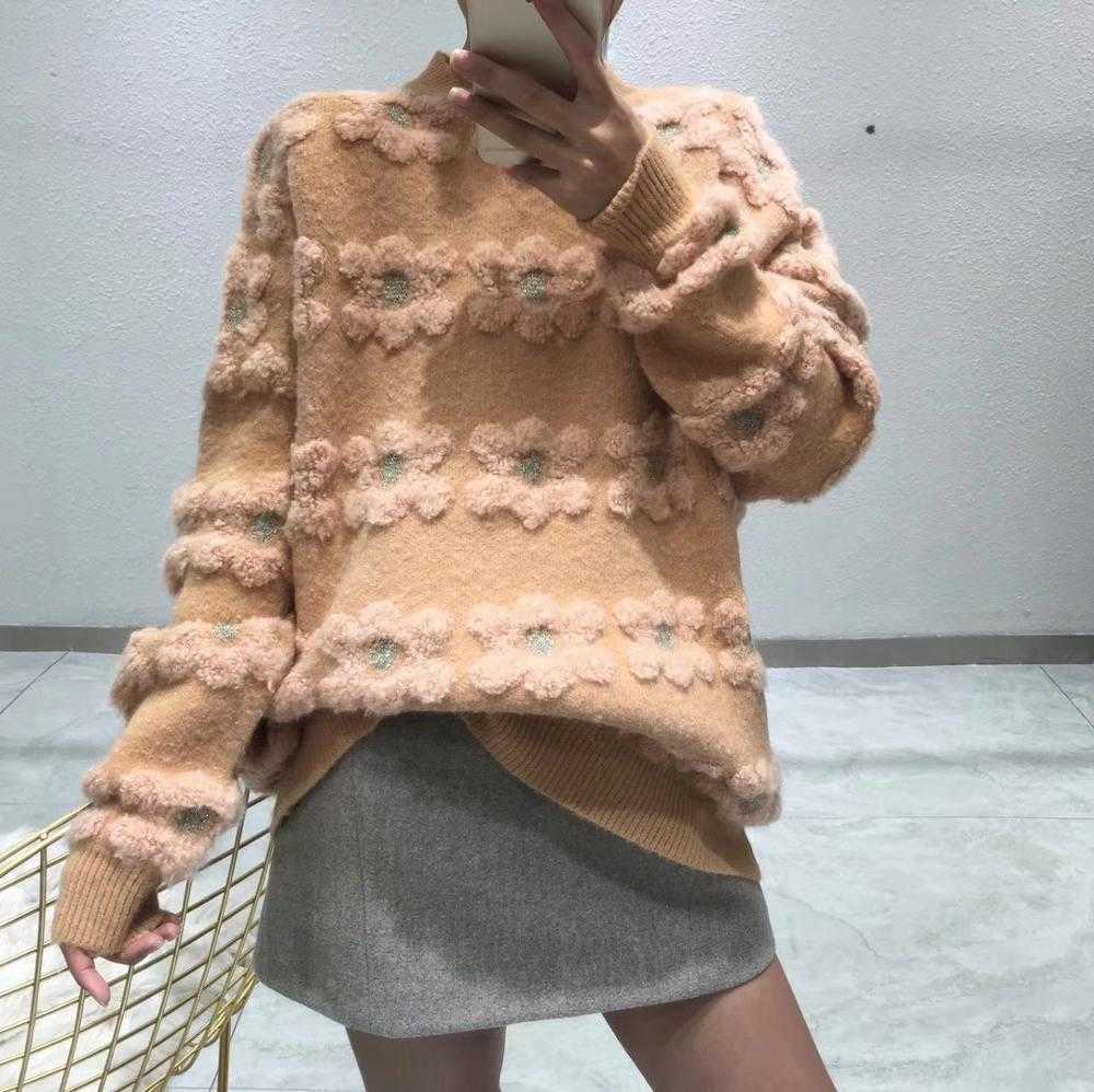 H.SA Korean Style Women Sweet Knit Jumpers Floral Patchwork Knit Pull Jumpers Oneck Cute Chic Pullovers Sweater Floral Jumpers 210716