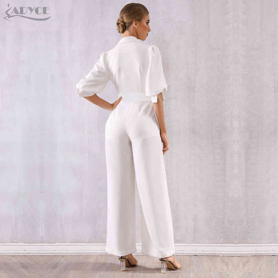 White Celebrity Runway Jumpsuit Women Sexy Deep V-Neck Long Sleeve Sashes Rompers Bodycon Bodysuits 210423
