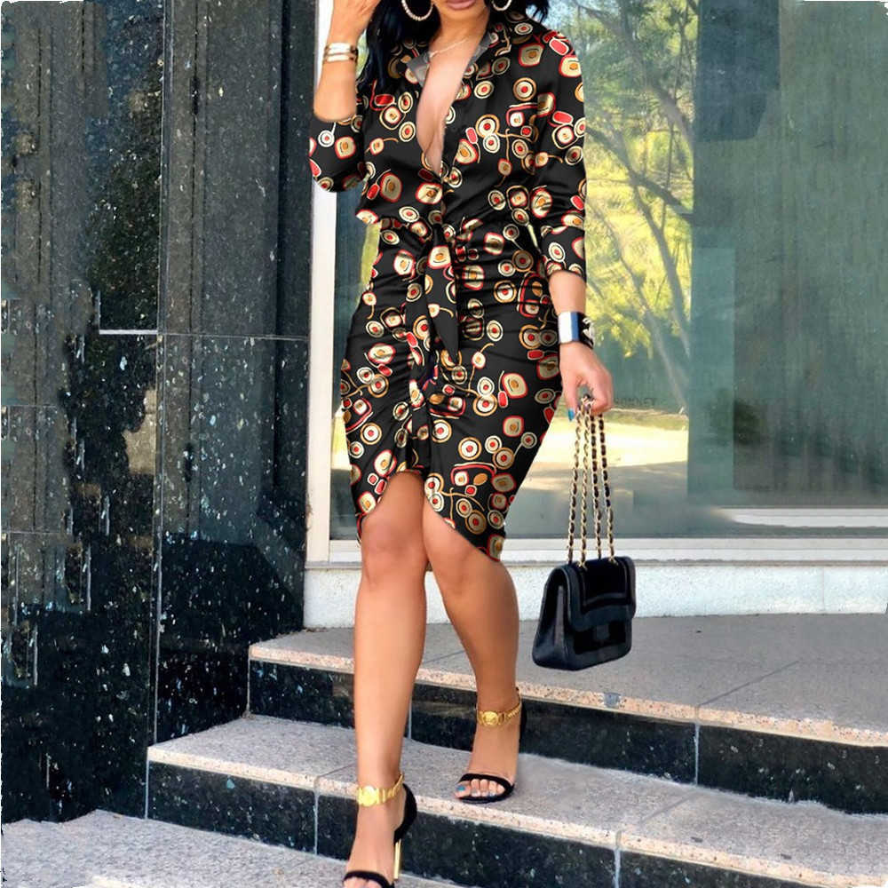 Summer V-neck Lace Up Print Patchwork Long Sleeve Shirt Dress Women Casual Lapel Button Pleated Package Hips Satin Dresses Femme 210526