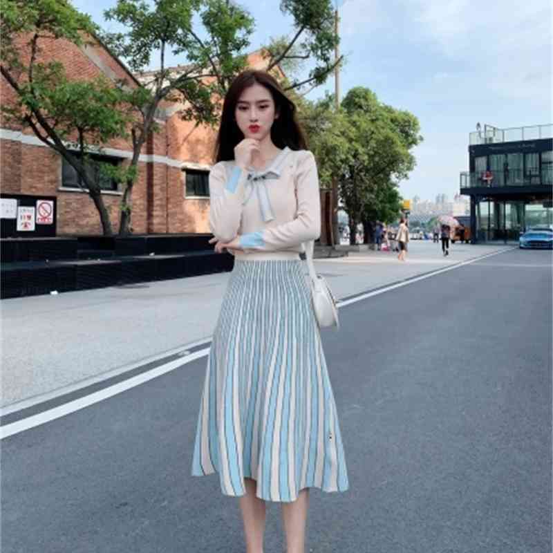 Knit Two Piece Set Fall O-neck Long Sleeve Pullover Sweater + Striped High Waist A-line Midi Skirt Suit 2piece Set Women 210515