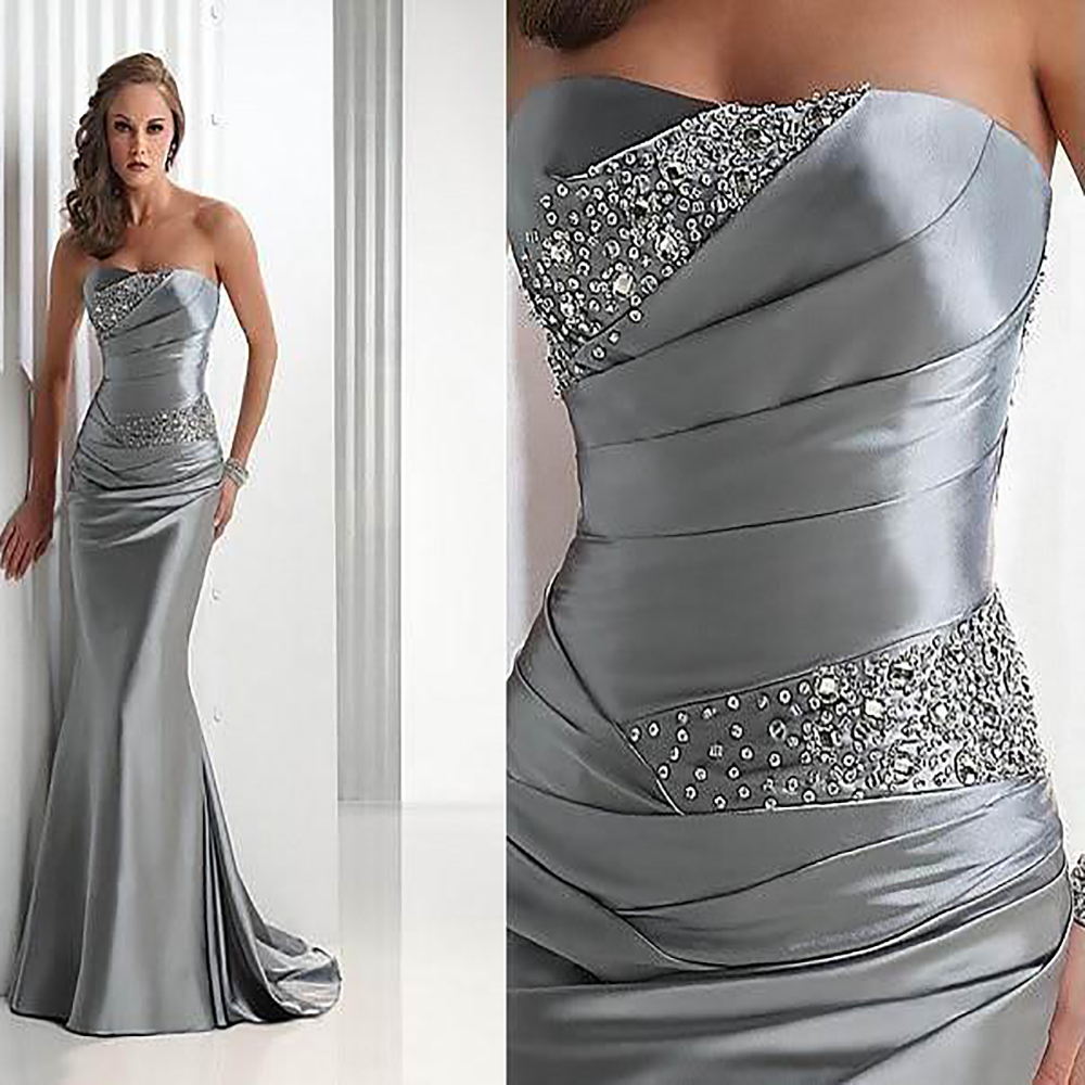Elegant Silver Mermaid Evening Dress With Beaded Pleat African Floor Length Satin Long Prom Dresses 2022 Sexy Strapless Party Gowns Robe De Soirée Fem