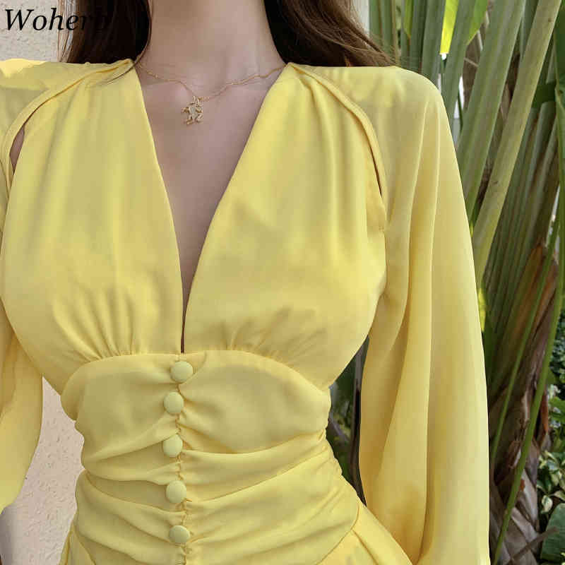 Summer Korean Yellow Mini Dress Women Pleated High Waist V-neck Beach Holiday Party Elegant Dresses Robe Femme 210519