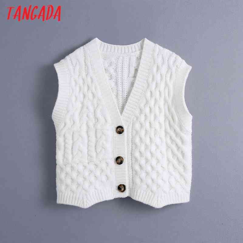 Women Vintage White Twist Oversized Knitted Vest Sweater Buttons Sleeveless Female Waistcoat Tops BE492 210416