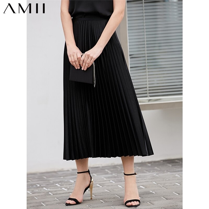 Minimalism Summer Women's Skirt Fashion Solid Pleated Calf-length Black Causal Chiffon 12130275 210527