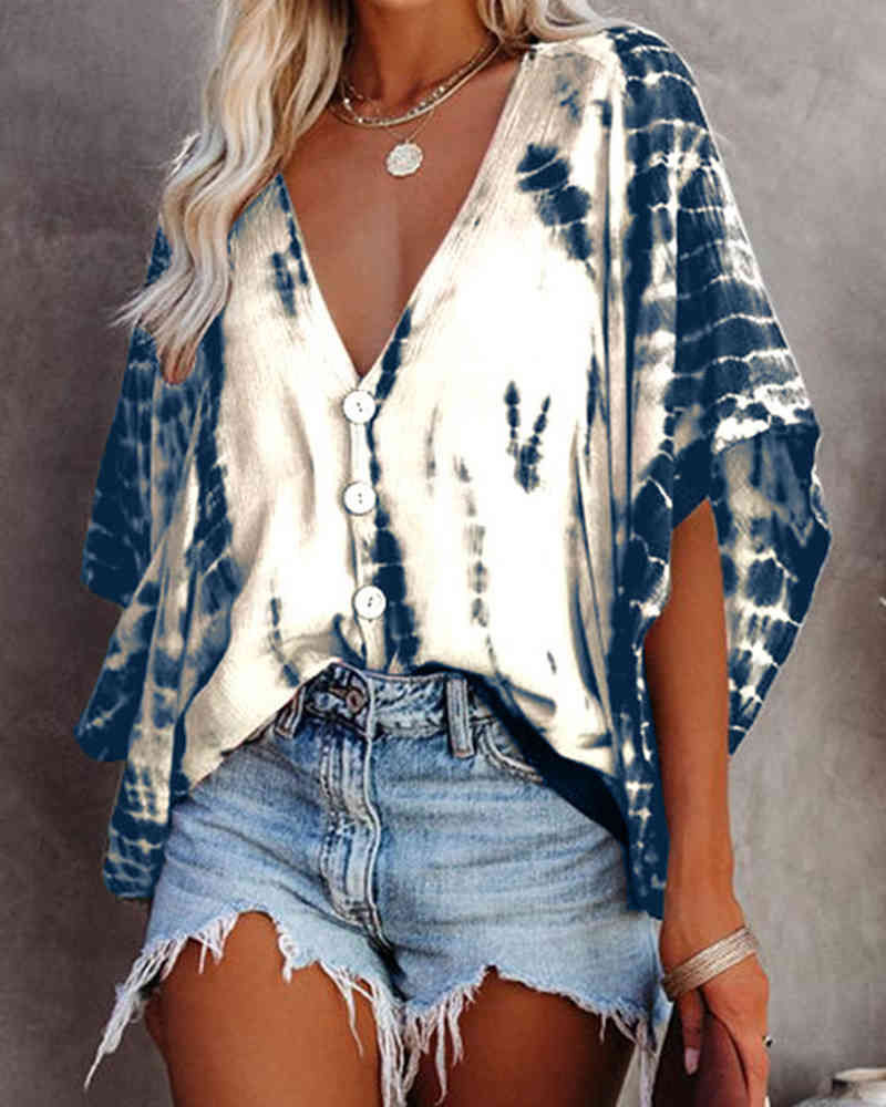 Spring Summer Women's Plus Size Tie-dye Print Blouse New Femme Casual Bat Sleeve Top Ladies V-Neck Button Front Sexy Wear 210415