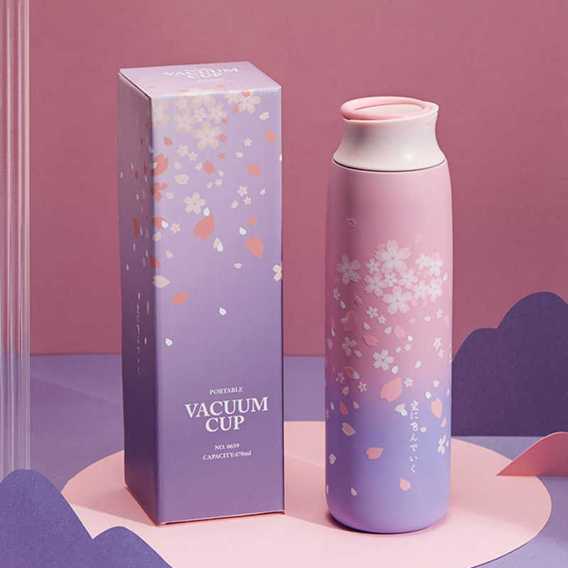 Japanese Style Thermos Bottle Insulated Tumbler Stainless Steel Travel Mug 470ml Big Water Bottle Cherry Vacuum Flask Coffee Mug 210913