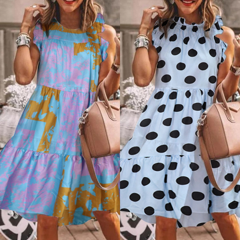 Women Dress Ruffles Sleeveless Dot Dresses Plus Size Loose Color Matching Casual Long Print Fashion 210513