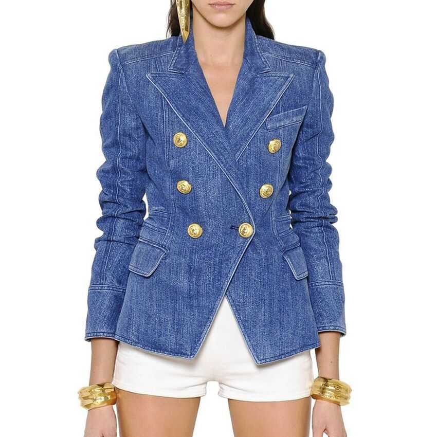HIGH STREET Fashion Blazer Jacket Women's Metal Lion Buttons Double Breasted Denim Blazer Outer Coat 201013