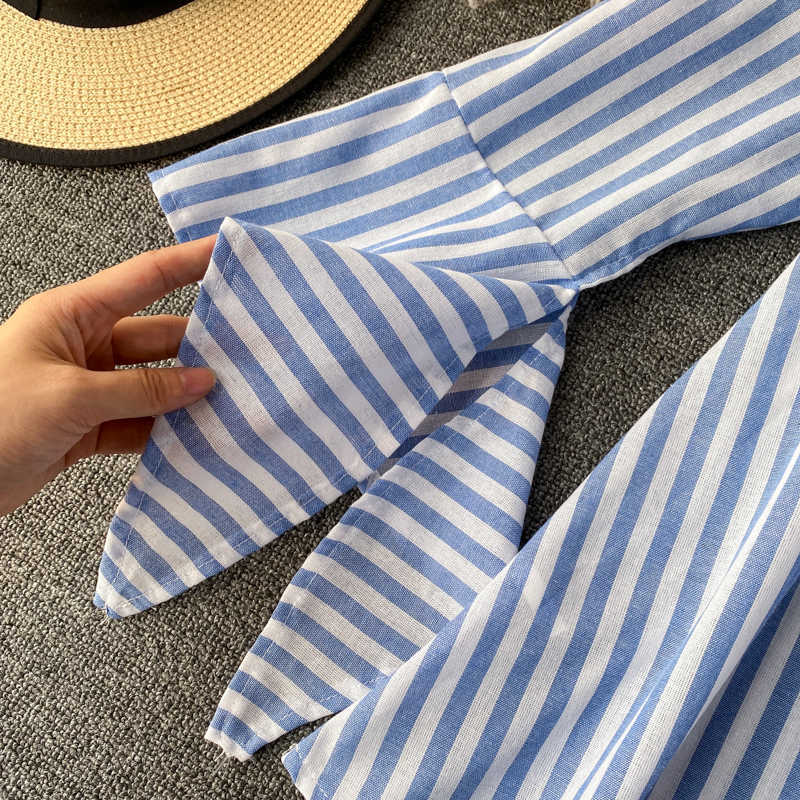 Korean Stripe Women Blouse Causal Off Shoulder Sexy Strapless Tops Irregular Flare Sleeve Blusas Shirt 6G552 210603
