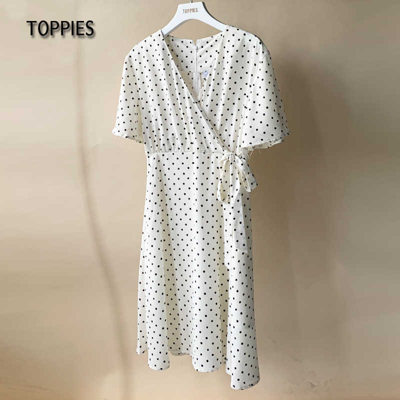 Toppies Summer Short Sleeve Shirts Dress Polka Dot Printing Woman v-neck Lace Up Belt vestido 210623