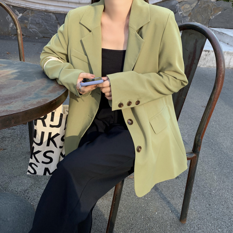 Korean Green Large Size Brief Solid Outwear Coats Streetwear OL Blazers Chic Vintage All Match Loose Stylish Jackets 210421