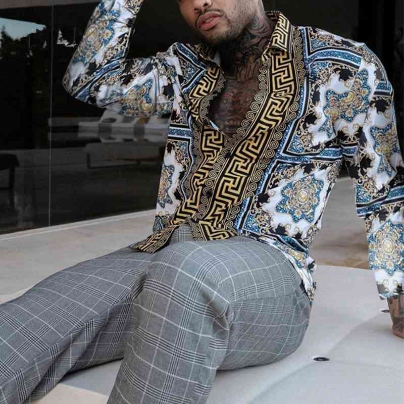 Autumn Man Vintage Loose Shirt New Men Ethnic Print Turndown Collar Long Sleeve Oversized Men Shirt Poleras Hombre Clothing 210410