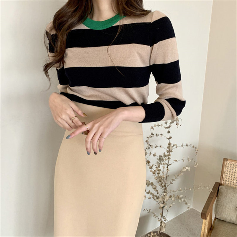 Striped Color-Hit Jumpers Office Lady Slimming Soft Warm Full-Sleeved All Match Knitted Brief Chic Basic Sweaters 210421