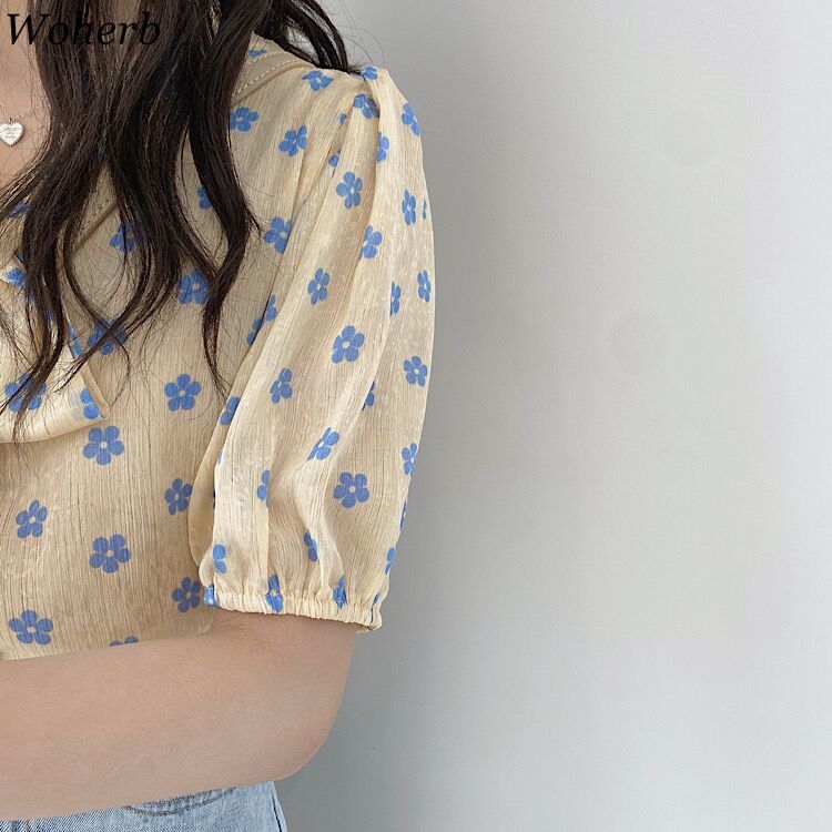 Blusas Mujer De Moda Women Blouses Sweet Bow Tie Lace-up Flower Puff Sleeve Shirt Korean Elegant Fresh Chiffon Tops 210519