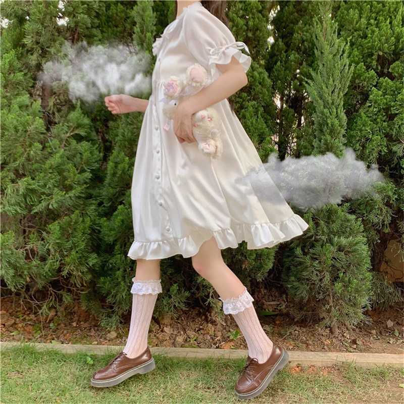 Japanese Sweet Girl Lolita Drees Kawaii Peter Pan Collar Cute Ruffle Puff Sleeve Solid Color Elegant Retro Lady 210623