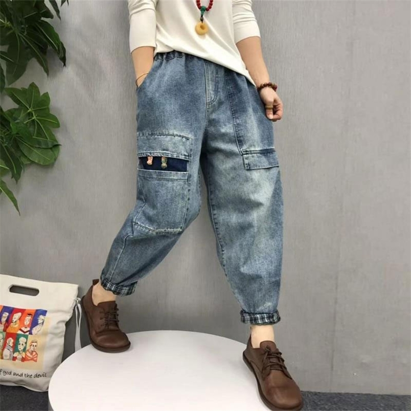 Arrival Spring Arts Style Women Elastic Waist Casual Cotton Denim Harem Pants Big Pocket Vintage Blue Loose Jeans V291 210512