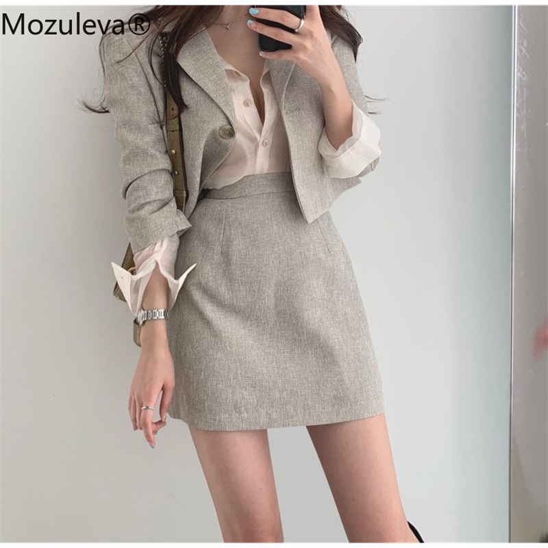 Mozuleva Korean Skirt Suits Full Sleeve Short Blazer Coat + Slim High Waist Skirts Mini Solid Slim Vintage 2 Pieces Set 210708