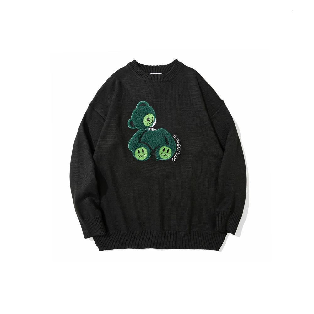 sweater knit american fashion brand teddy bear flocking embroidered men bf lazy trend loose round neck long sleeve, White;black 
sweater knit american fashion brand teddy bear flocking embroidered men bf lazy trend loose round neck long sleeve, White;black