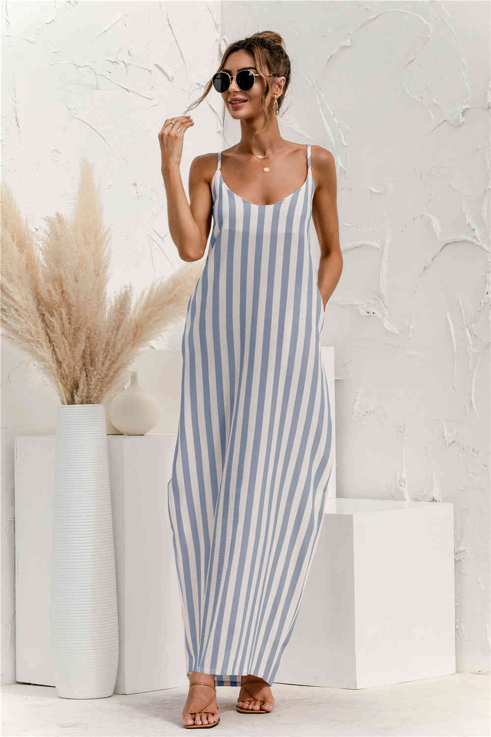 Summer Long Dresses Women Sexy V Neck Striped Sleeveless Boho Beach Dress Fashion Spaghetti Strap Pockets Loose Sundress Female 210522