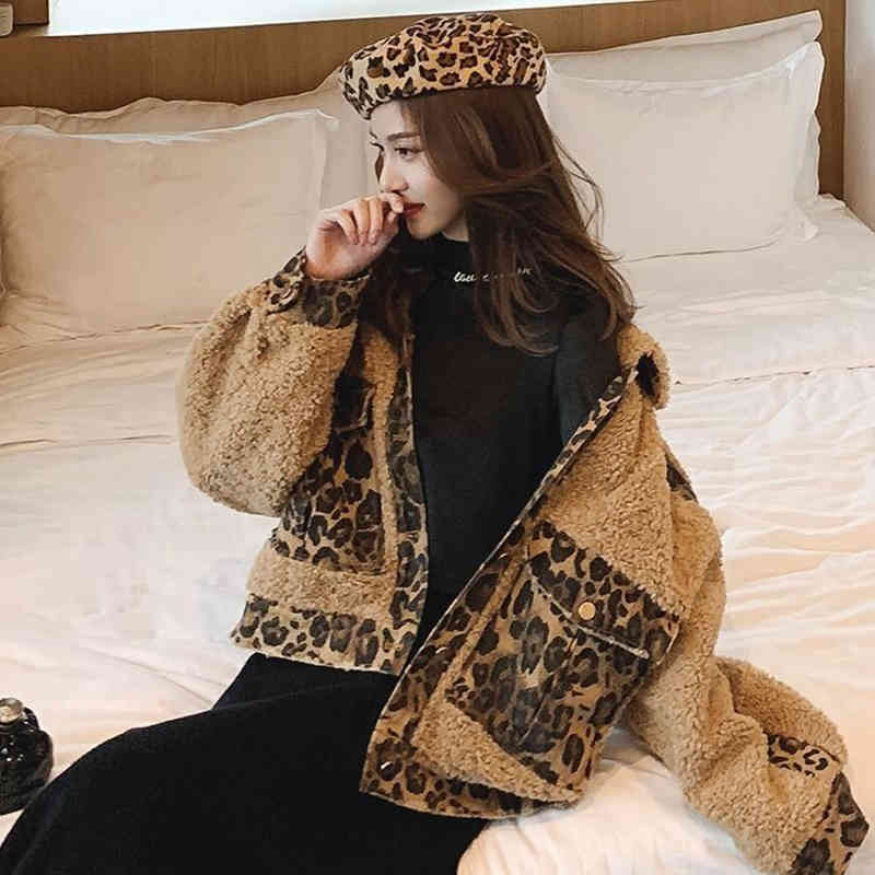 Autumn Winter Korea Fashion Splice Leopard Short Coat Thick Warm Women Jackets Loose Lamb Wool Turn-down Collar Jaket D302 210512