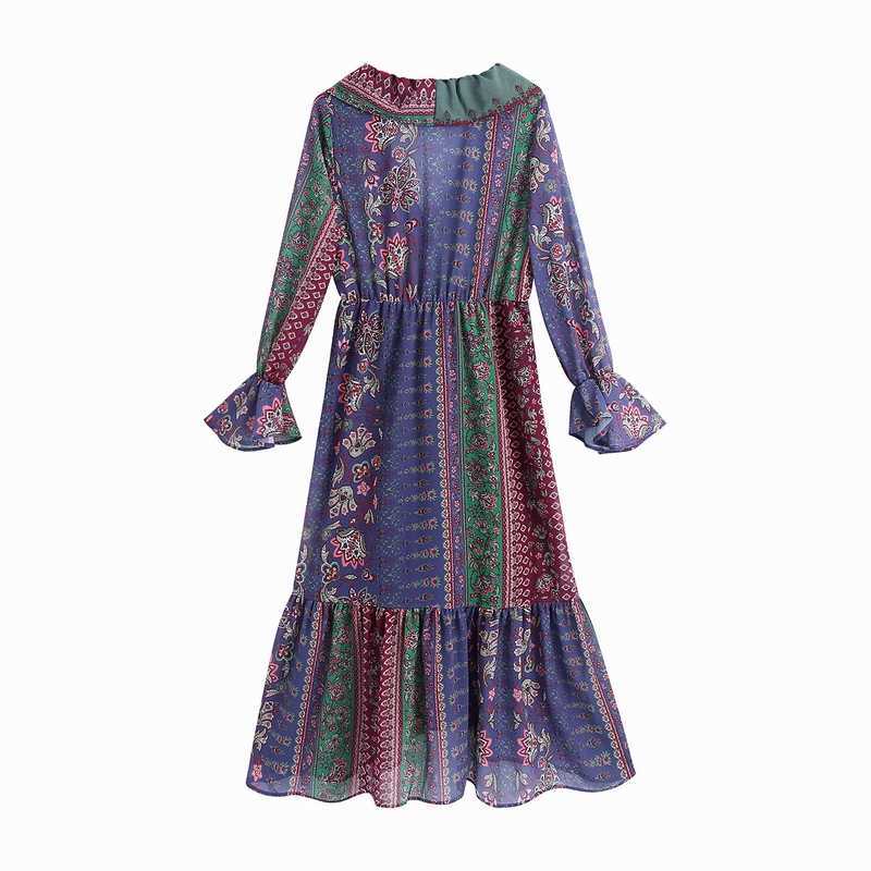 Vintage Women Dress Spring Fashion Prints Long Sleeve V-Neck Ruffles Modern Lady Mid-Calf Vestido 210602