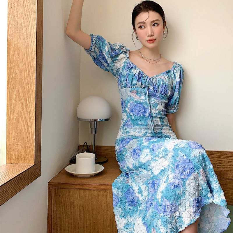 Women Dress Oil Painting Print Holiday Beach Long Puff Sleeve Temperament Fashion Summer Arrivals 2H703 210526