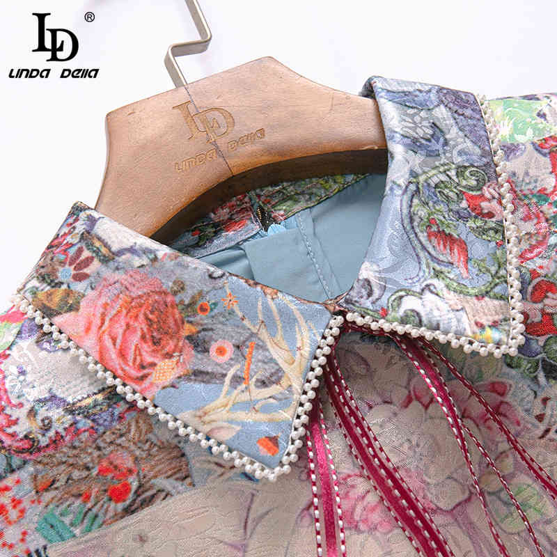 Autumn Fashion Runway Vintage Dress Women Turn-down Collar Bow Beading Graffiti Printing Ruffle A Line Mini 210522