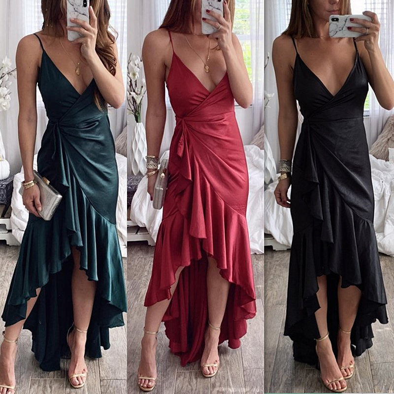 GETSPRING Women Dress Ruffles V-Neck Sexy Mermaid Dresses Plus SIze Asymmetry Balck Vintage Long Summer 210513