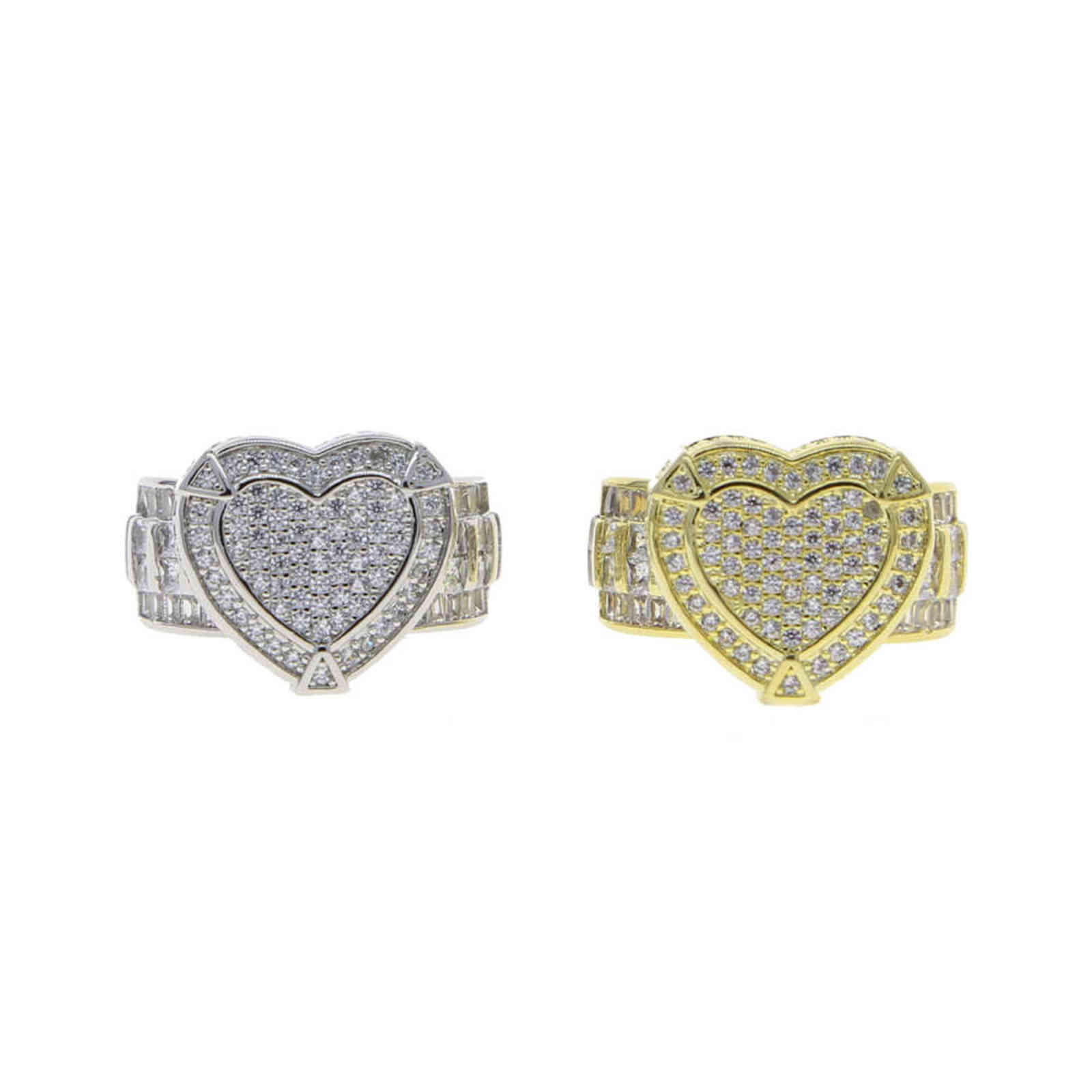 Gold Silver Color CZ Heart Ring Full Iced Out Bling Cubic Zircon Hearts Ring Hip Hop Punk Men Women Jewelry 211123