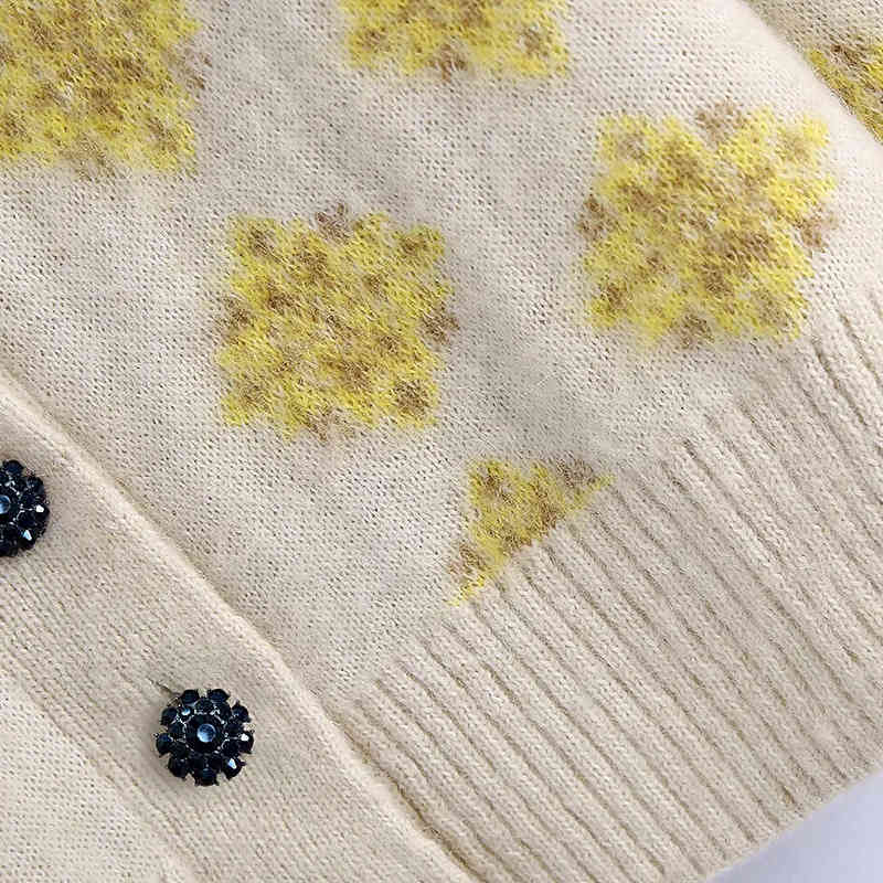 Women Elegant Floral Print Buttons Knitting Sweater Female Chic Basic V Neck Lantern Sleeve Casual Cardigans Tops 210520