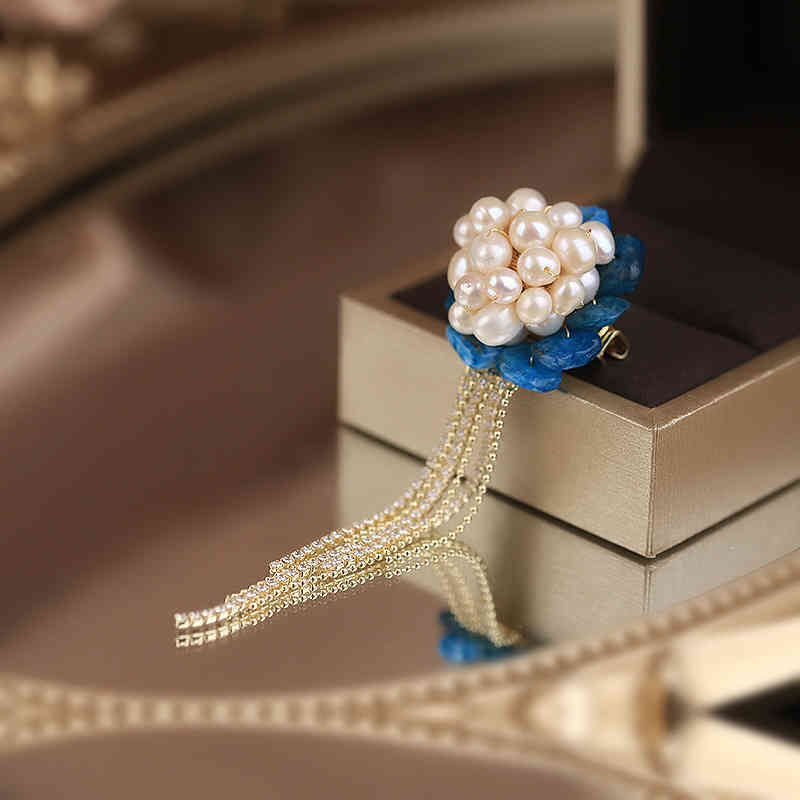 Rivd Handmade Jewelry Blue Xinghe Apatite Zircon Tassel Freshwater Pearl Brooch Dress 7203i