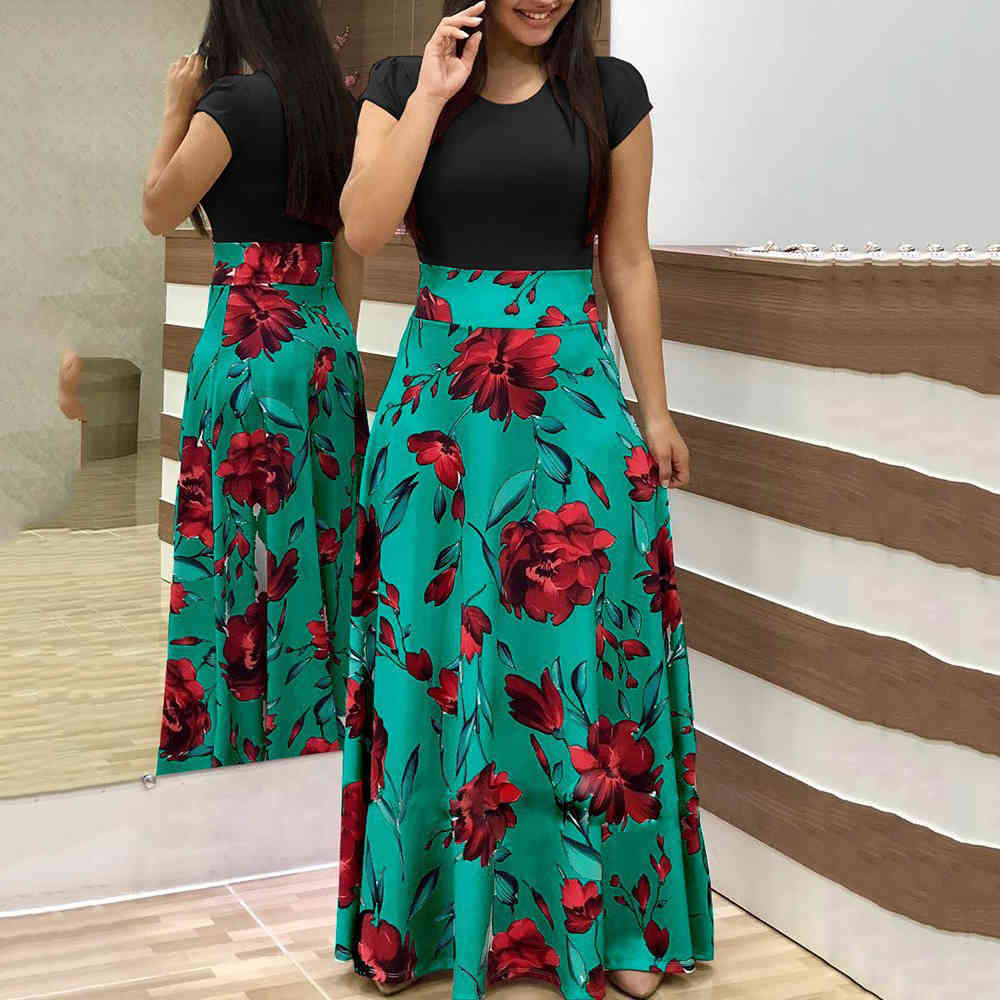 Plus Size Women Summer Dress Vintage Floral Print O Neck Splice Long Sleeve Boho Beach Elegant Ladies es Vestidos 210522