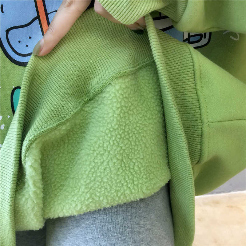 Harajuku Cartoons Printed Graphics Oversized Hoodies Women Winter Autumn Fleece Hooded Sweatshirt Cute Pockets Pullover Tops 210910