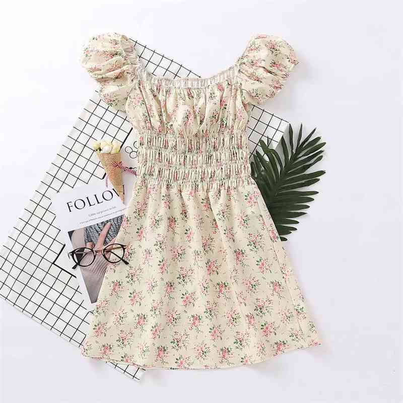 France Style Yellow Floral Print Elastic Waist Women Dresses Vintage Fashion Cap Sleeve Short 210429