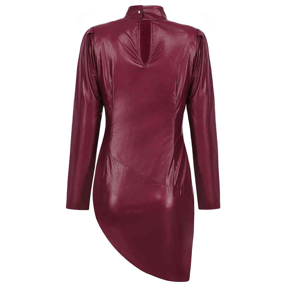 Women's Long Sleeve Summer Irregular Chic Sexy Bodycon Mini Dress Slim Ladies Elegant Burgundy PU Leather 210525