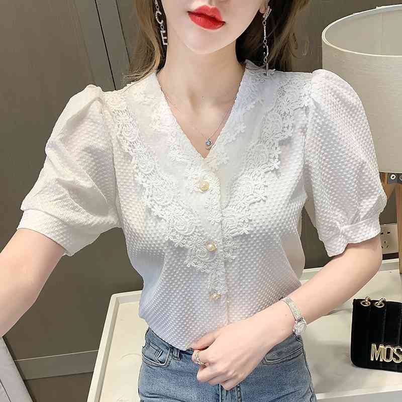 Summer Women Korean Fashion V-Neck Short-sleeved Casual Blouses Shirts White Sky Blue Lace Decoration Office Lady Elegant Tops 210515