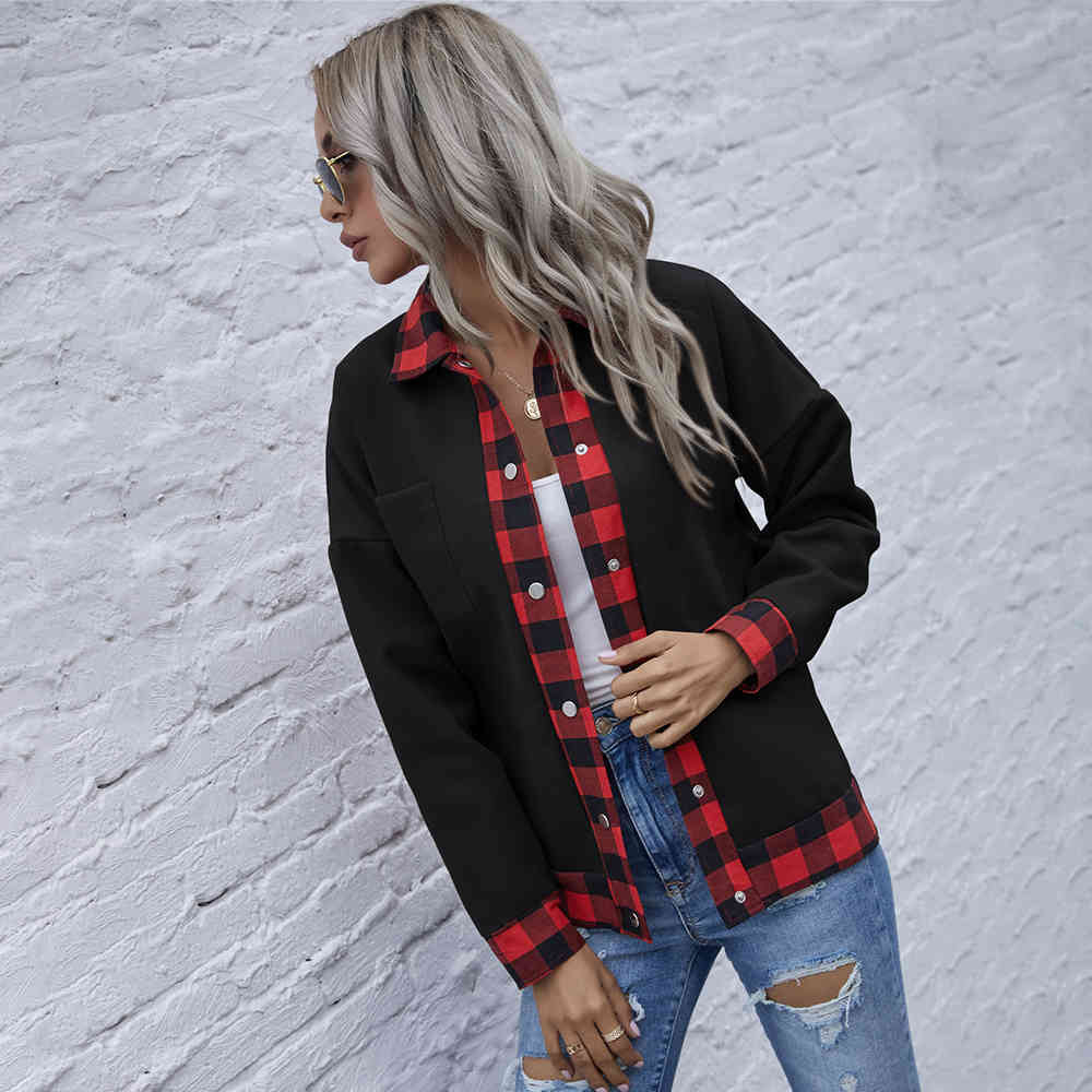 Jacket Black Casual Ladies Plaid Checkered Patchwork Buttons Autumn Winter Clothes Coat Women Outerwear New Fall Fashion 210415
