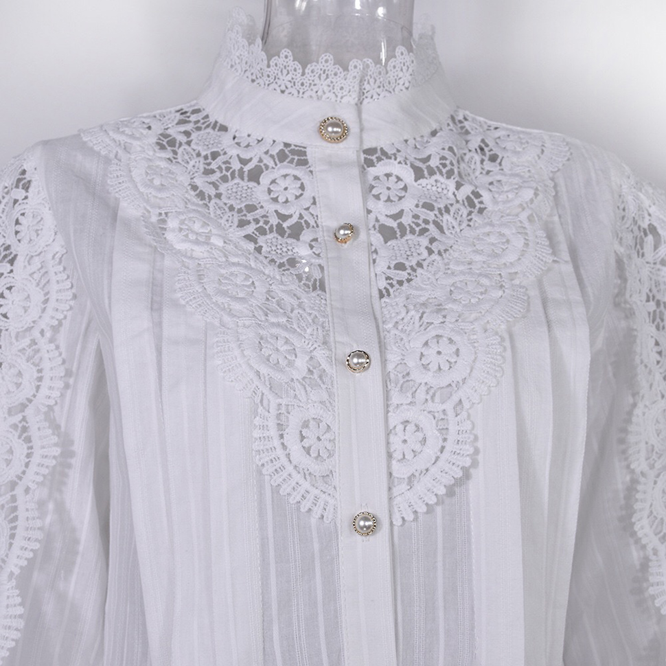 Women Elegant Lace Trim Shirts Hollow Out Loose Casual Victorian Blouses Long Sleeve Button Down Tops
