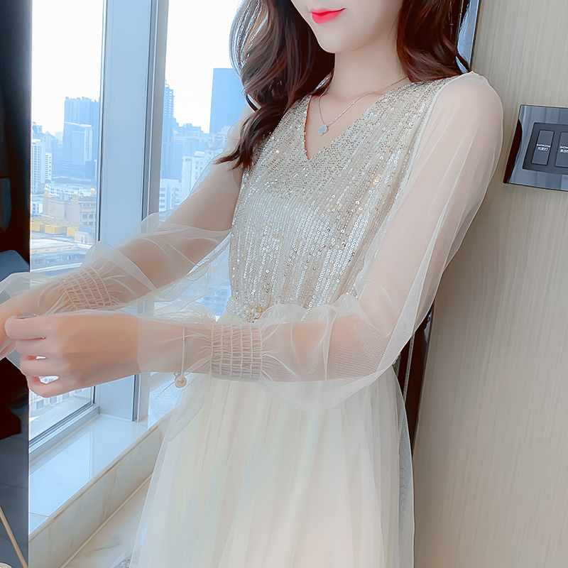 Sequins and Pearl Dresses Women Autumn Mesh Dress with Belt Pink Vneck Elastic High Waist Flare Long Sleeve Vestidos 12025 210417