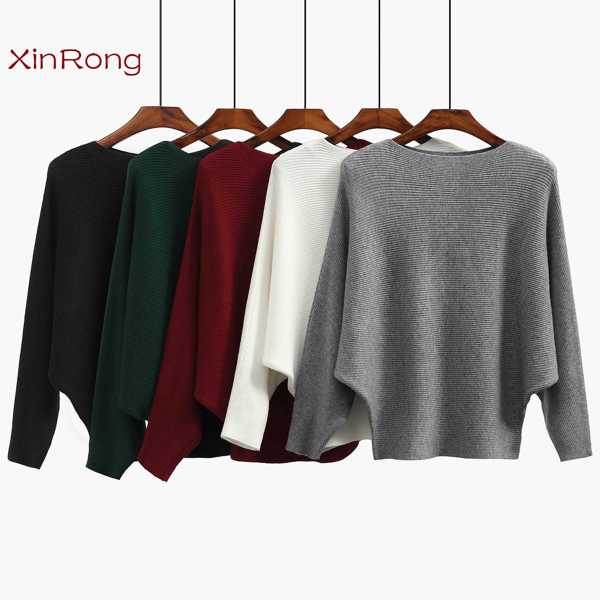European and American female spring and autumn models female knit sweater, one-way collar bat sleeve pullover loose sweater 210602